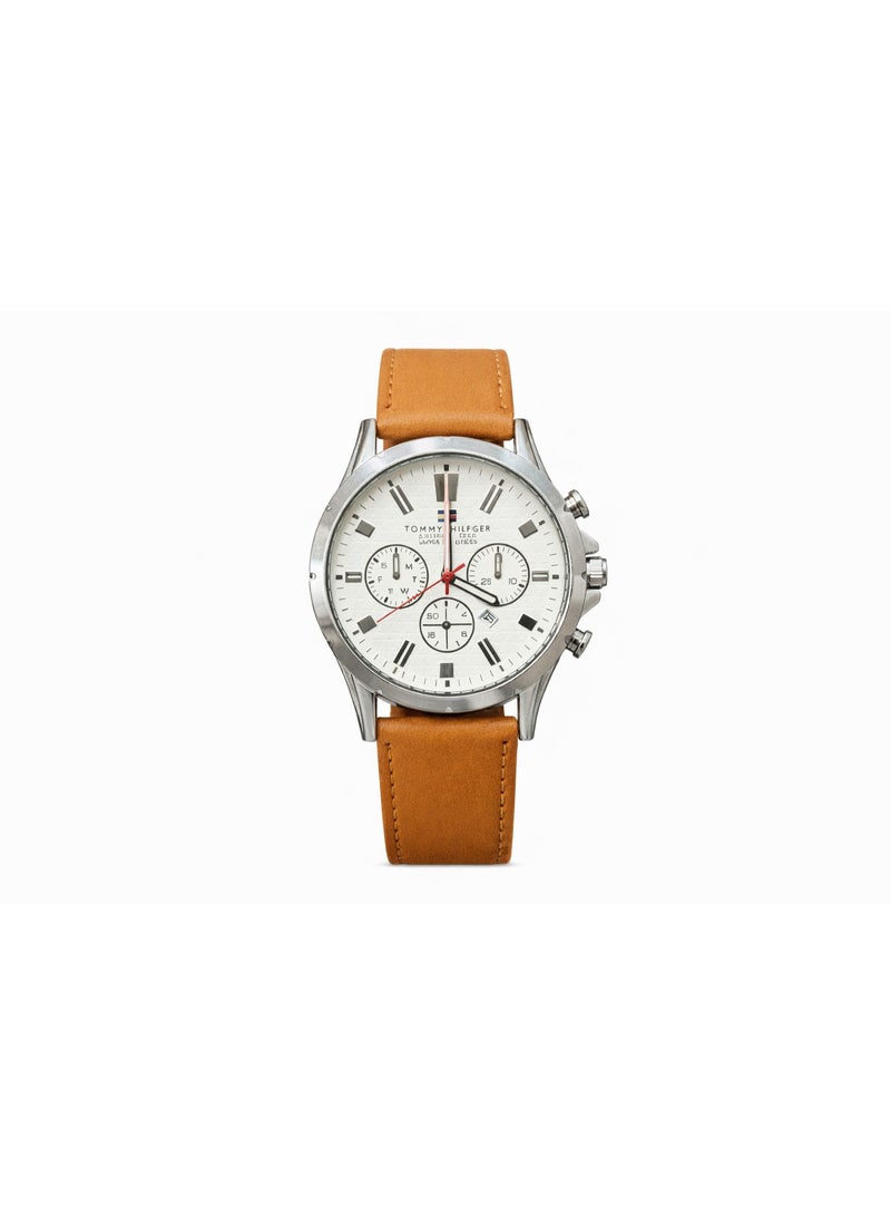 Tommy Hilfiger Men’s Chronograph Watch with White Dial & Brown Leather Strap